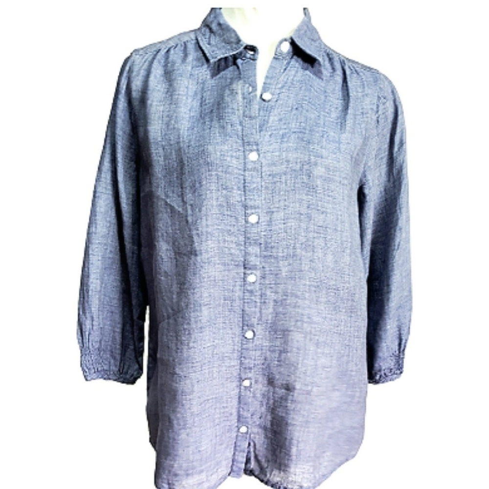 SIGRID OLSEN Women's Top S Blue Linen Chambray Lagenlook Chic Minimalistic Tunic